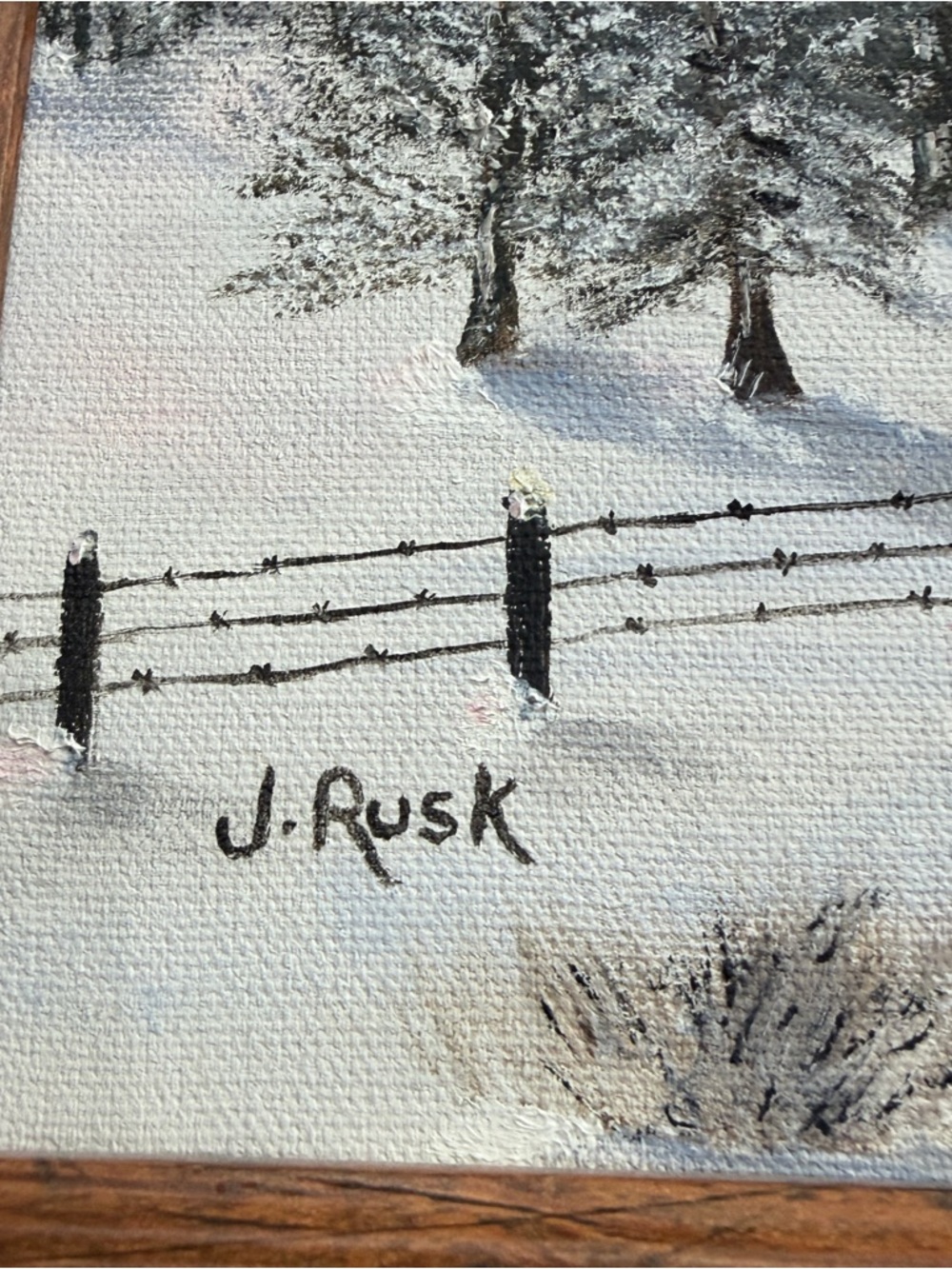 Vintage Impressionist Landscape Oil Painting Signed J Rusk Cabin Mountains Snow - Picture 2 of 12